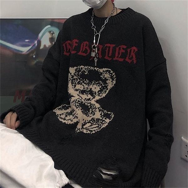 

women's sweaters suÃ©ter feminino manga longa, blusÃ£o de malha com buraco solto desenho animado urso harajuku outono a7kg, White;black