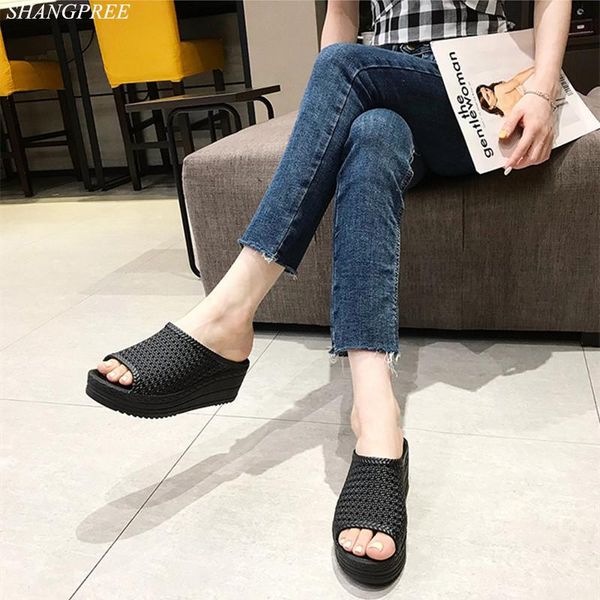 

slippers womens high heels sandal thick bottom casual shoes ladies leisure summer wedges sandals woman platform mules slipper, Black