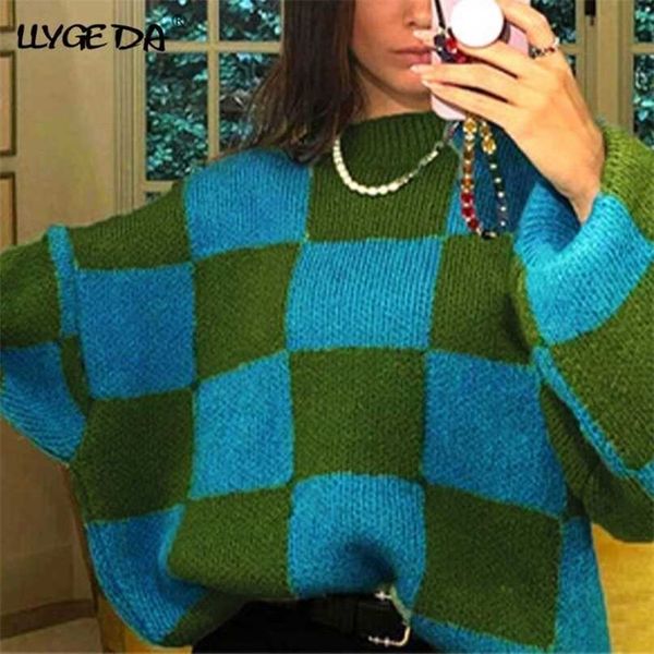 Za Casual Oansatz frauen Pullover Langarm Plaid Lose Farbe Passenden Frauen Pullover Herbst Niedrigen Preis Förderung 211011