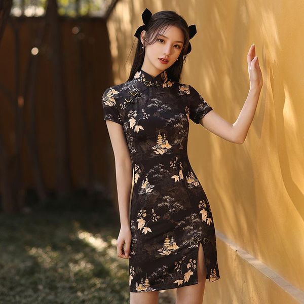 

ethnic clothing black women flower cheongsam vestidos short sleeve vintage qipao slim print chinese ladies evening party dress classic, Red