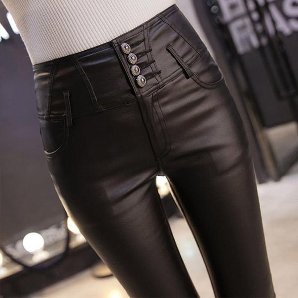 

black faux pu leather womens pant autumn winter waisted skinny pencil fashion casual clothes female, Black;white