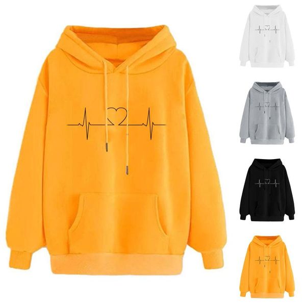 

women's hoodies & sweatshirts sweatshirt women heart pattern casual print hoodie pullover long sleeve s-3xl moleton feminino, Black