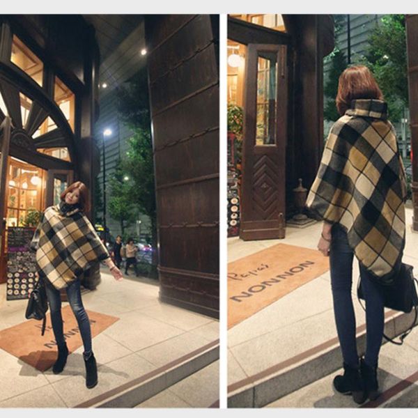 

women's wool & blends high neck women plaid cloak female autumn winter oversize pullovers turtleneck patchwork korean style cloth, Black