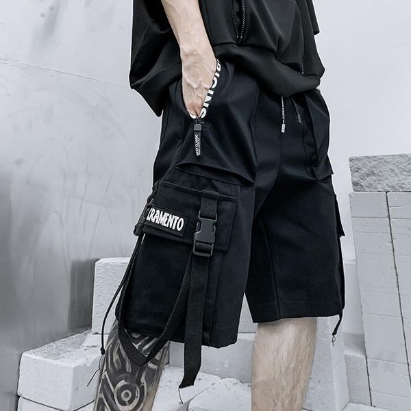

men's shorts harajuku fashion streetwear hip hop punk male pants 2021 summer cargo men ribbon techwear sport military clothes, White;black