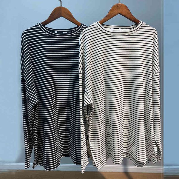 

striped round neck split long-sleeved pullover loose cotton women's bottoming shirt t-shirt lrvd, White
