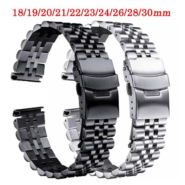 

watch bands 18/19/20/21/22/23/24/26/28/30mm stainless steel solid band with five bead wristband double safety clasp silver black chain, Black;brown