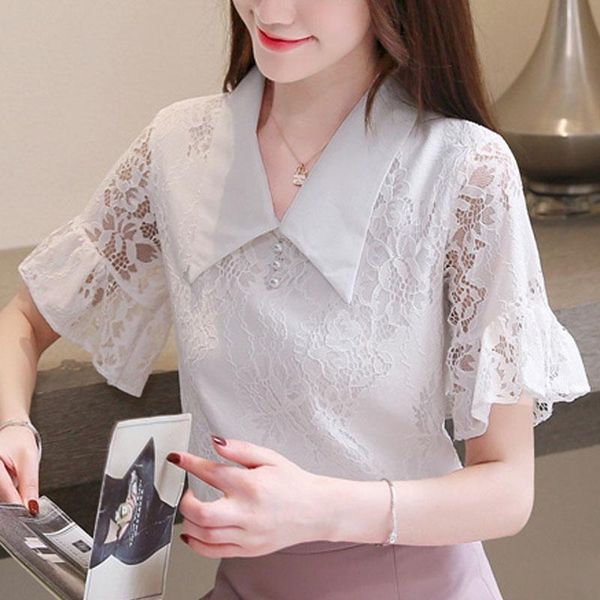 

fashion women and blouses 2021 ladies lace blouse shirt shirts short sleeve white flare women's &