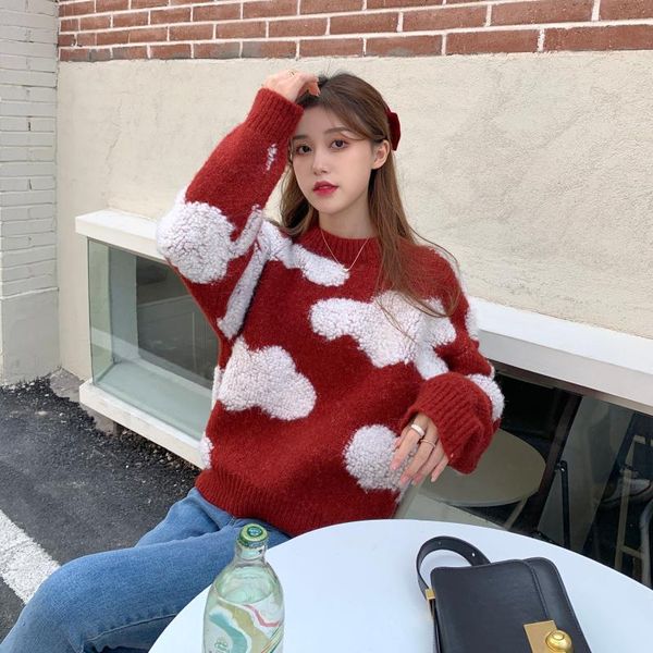 

sweater autumn and winter female cloud round neck pullover loose thick red knitted cute college style women's sweaters, White;black