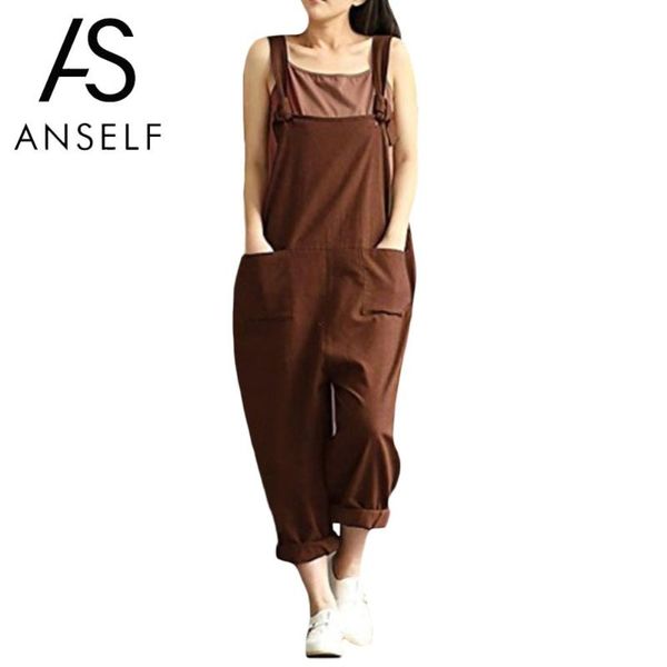 

women's jumpsuits & rompers anself women loose jumpsuit overalls female sleeveless plus size suspender trousers pockets wide leg casual, Black;white