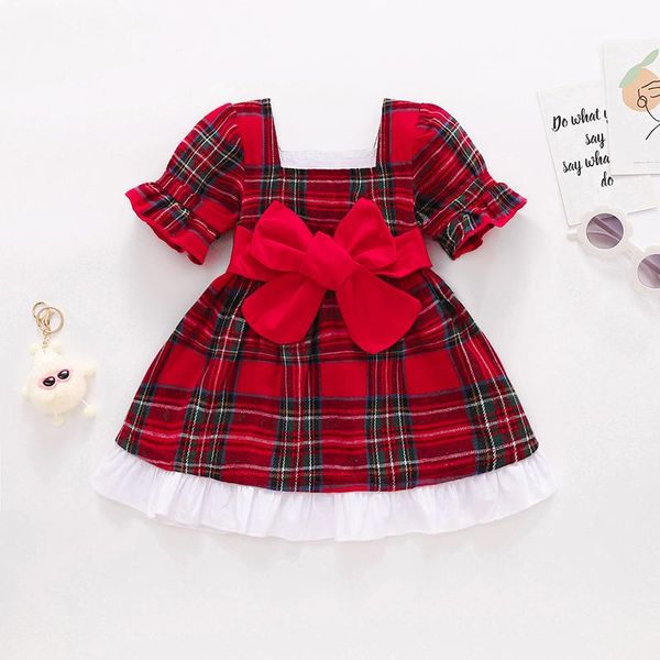 Kızın Elbiseleri Pudcoco Noel 6 M-3Y Toddler Bebek Kız Rahat Kırmızı Ekose Prenses Kare Boyun Puf Kollu Dantel Ilmek Sundress