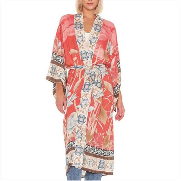 

boho flamingo floral print long womens blouses cover ups beach style sashes rayon cotton kimonos women robes, White