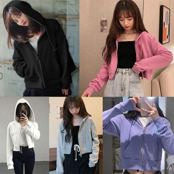 

women's hoodies & sweatshirts 2021 fashion autumn loose korean jacket long sleeve short solid color hooded sports top, Black