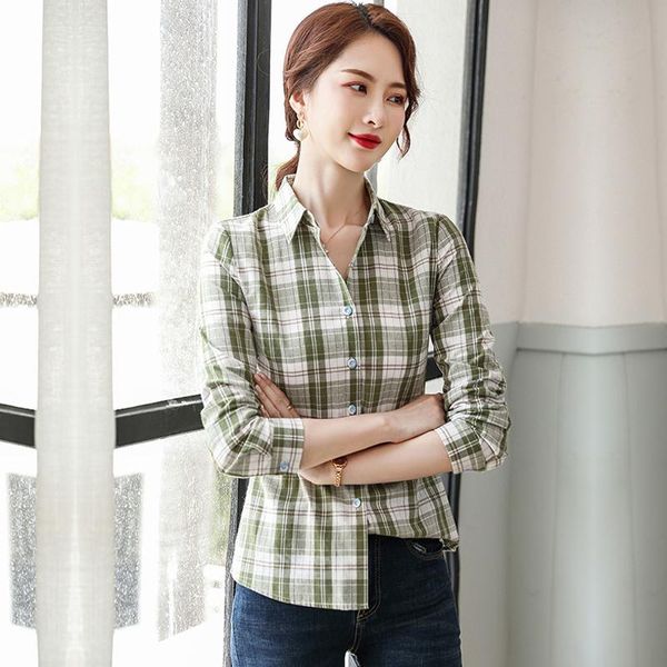 

women's blouses & shirts autumn fashion elegant green plaid and for women business work wear ol styles long sleeve ladies blouse, White