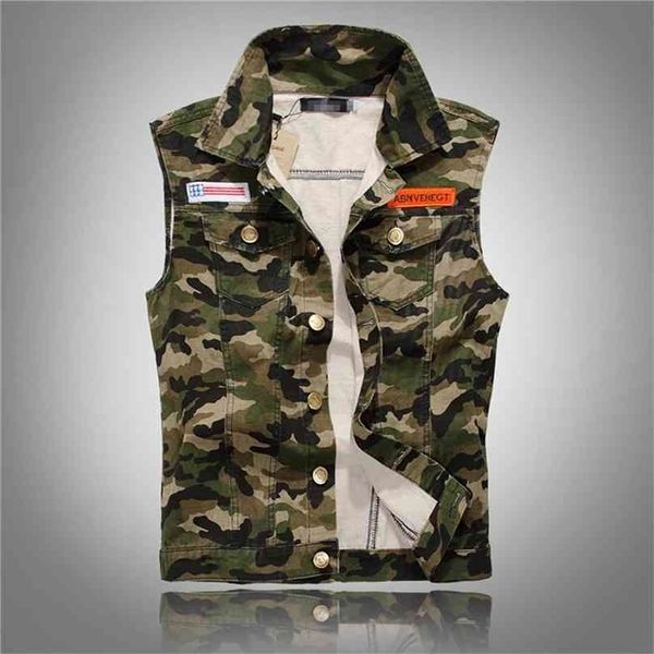 Herbst männer Camouflage Denim Westen Militär Ärmellose Jeans Jacken Mode Lässig Männliche Weste Camo Westen Homme M-5XL 210925