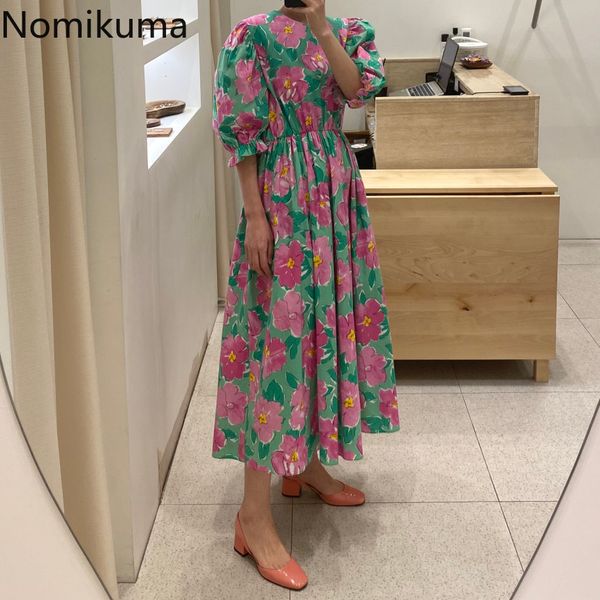 

nomikuma o neck short puff sleeve dress women flower printed high waist a line midi dresses arrival korean style vestidos 210514, Black;gray