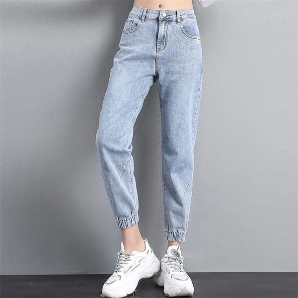 Casual Baggy Denim Harem Hosen für Frauen Streetwear Ankle-Länge Koreanischen Stil Solide Knöchel Banded Jeans Weibliche 210629