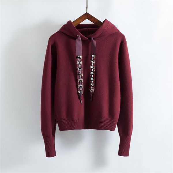 

autumn women's sweatshirt casual solid color beaded decorative knit hooded 210430, Black