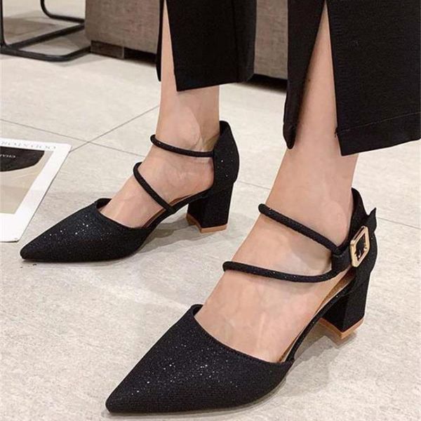 

sandals women's pumps 2021 summer buckle suede sandal ladies pointed toe thick heels women shoes sandalias femininas flip flops, Black