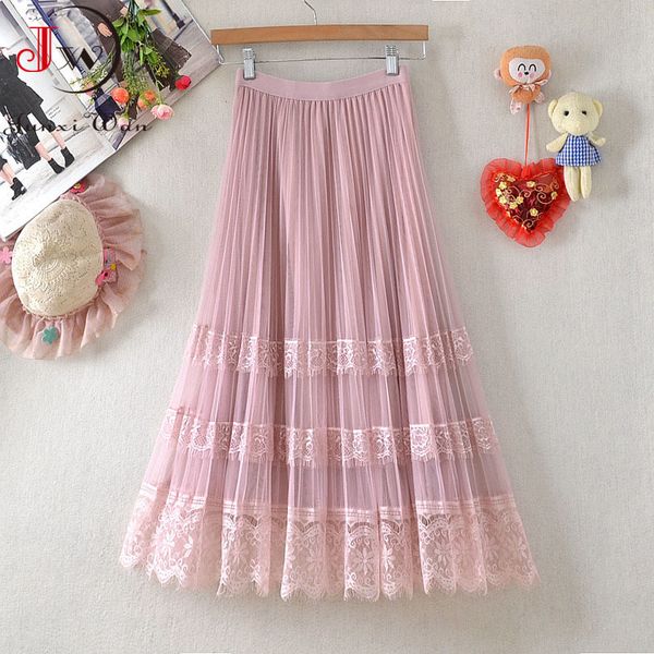 

women summer sweet lace mesh pleated skirt spring solid elastic waist elegant office ladies fairy midi vacation robe 210510, Black