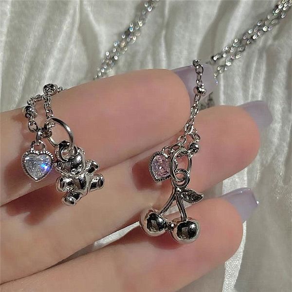 

pendant necklaces 2021ins metal bear cherry necklace love zircon choker women girls sweet all-match party jewelry, Silver