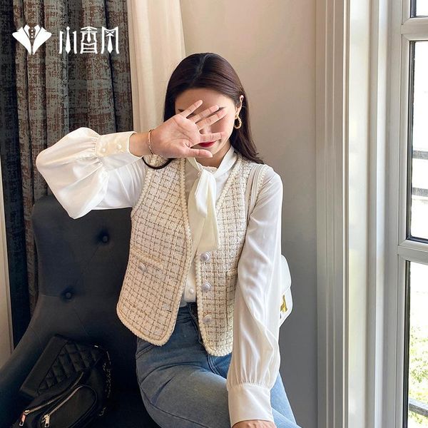 

women's vests small fragrance vest coat spring 2021 plaid short t thin versatile casual top, Black;white
