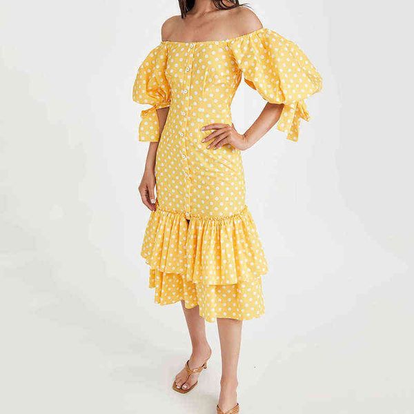 

luxury party evening dress yellow wave dot printed buttock skirt 2021 summer one shoulder bubble sleeve single breasted stitched, Black