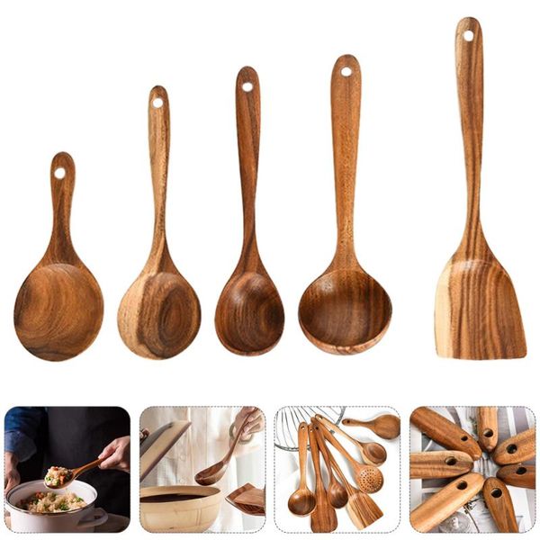 

spoons 1 set 5pcs non-stick wooden spatula spoon kit soup rice scoop (coffee)