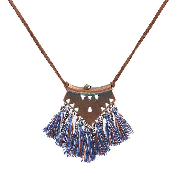 

women boho ethnic tassel choker pendant necklace long leather rope chain vintage necklace for woman wedding party jewelry, Silver