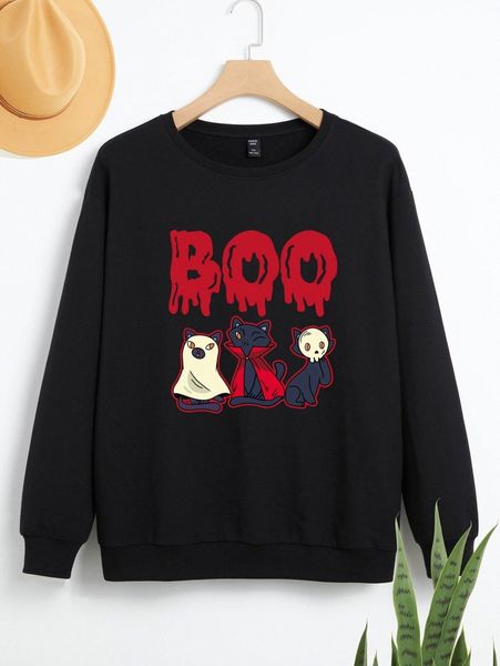 

plus halloween letter graphic sweatshirt l3lz#, Black