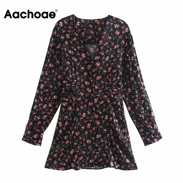 

casual dresses aachoae women retro v neck floral print mini 2021 long sleeve pleated chic dress ladies a line button up party, Black;gray
