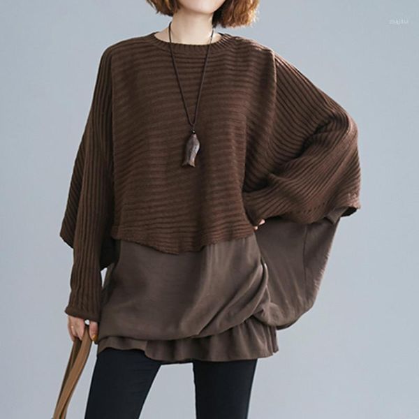 

women's stitching pullover bat shirt autumn and winter fashion loose large knitted casual sleeves solid sweaters, White;black