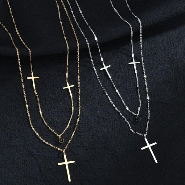 

chains simple multilayer necklaces pendants vintage cross necklace for women female stainless steel chain party punk statement jewelry, Silver