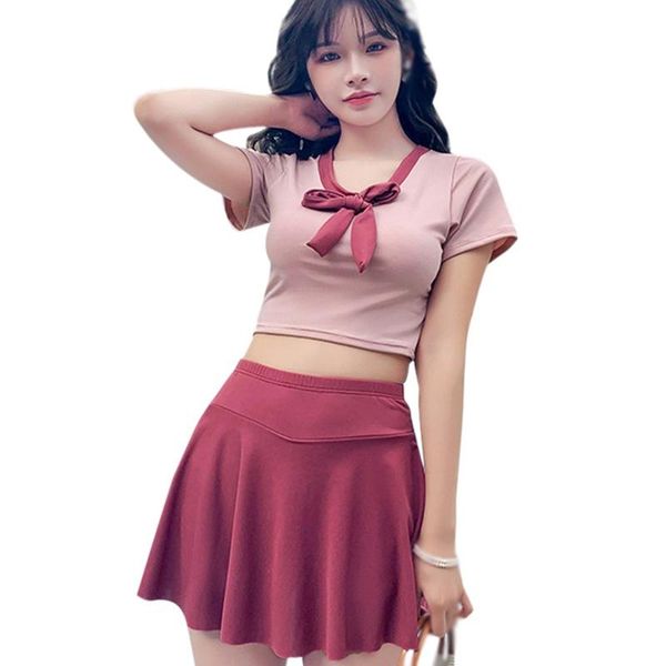 

one-piece suits summer women bikini sets girl bow-knot pleated split swimwear lady sweet high waist womens pool party holiday beach