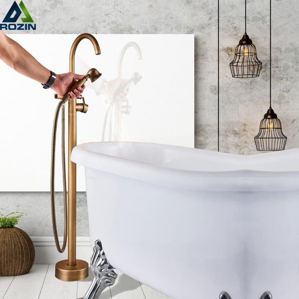 

antique brass floor mount bath tub faucet single lever swivel spout shower mixer tap standing claw foot bathtub bathroom sets