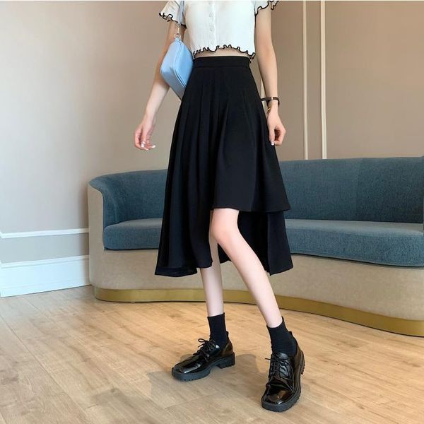 

skirts large size black skirt long irregular pleated high waist a spring summer solid a-line pockets empire