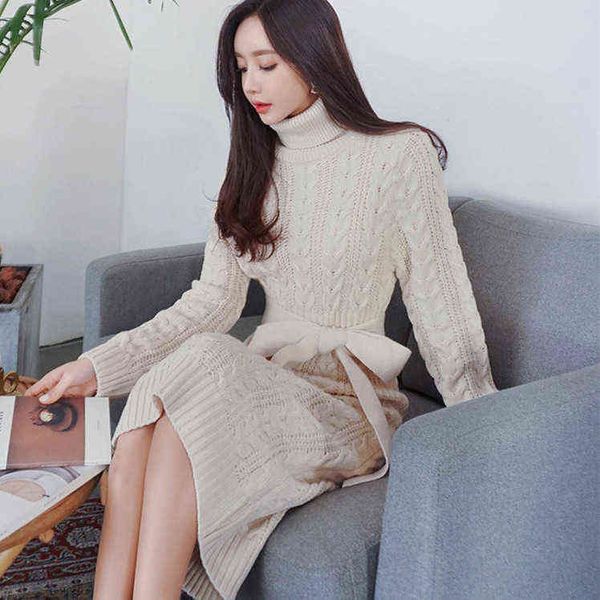 

casual dresses autumn winter lace up waist over knee bottomed drs korean ins sweater medium length, Black;gray