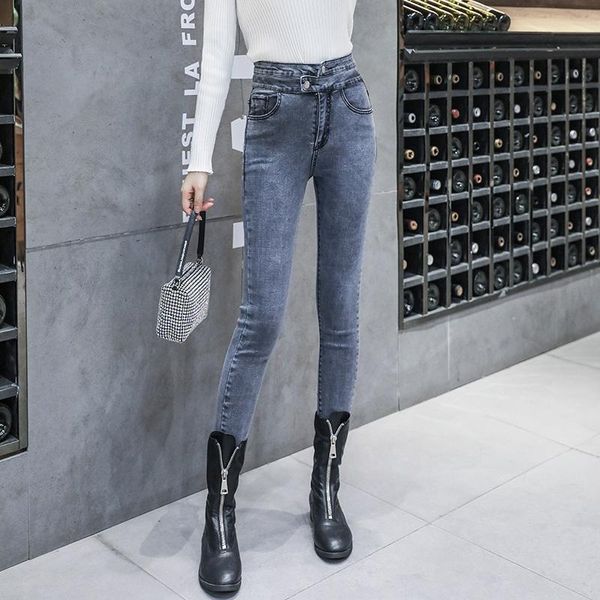 

women's jeans woman high elastic show slim skinny for gray waist denim pencil pants autumn spring 2021, Blue