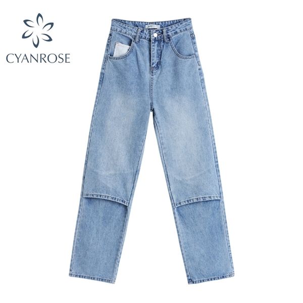 

women's loose denim pants straight jeans retro streetwear y2k blue wide leg trousers wash spliced harajuku casual long pant 210515