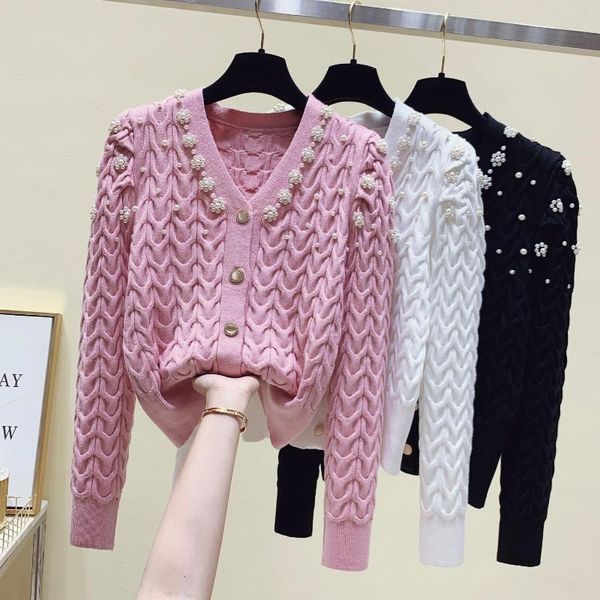 

women's knits & tees peals beading cardigan women sweater female ruff sleeve v-neck croped knitted cardigans jacket outerwear 2021 autu, White