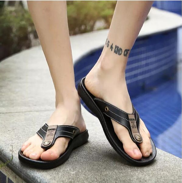 

slippers brand pu leather summer men beach sandals comfort casual shoes fashion flip flops sell footwear dfr4, Black