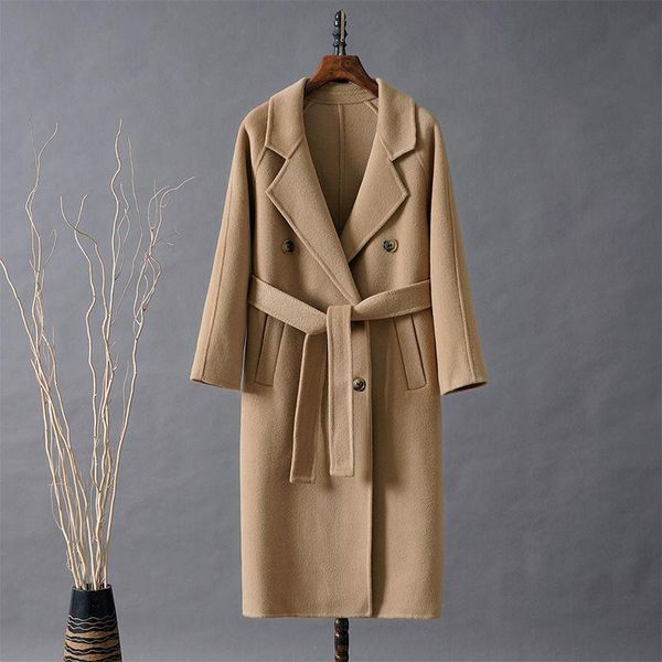 

women's wool & blends women fall/winter 2021 solid woolen coats female loose belt casual jackets ladies double-faced cashmere outwear q, Black