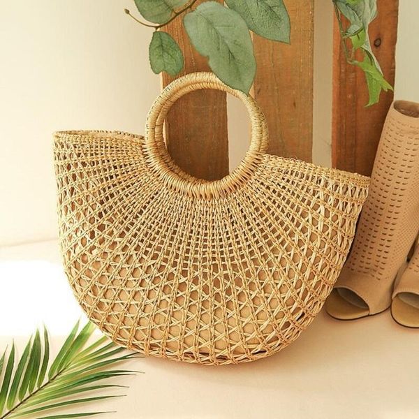 

evening bags moon straw vintage totes for women woven half-circle handle casual briaded fashion large capacity shoulder