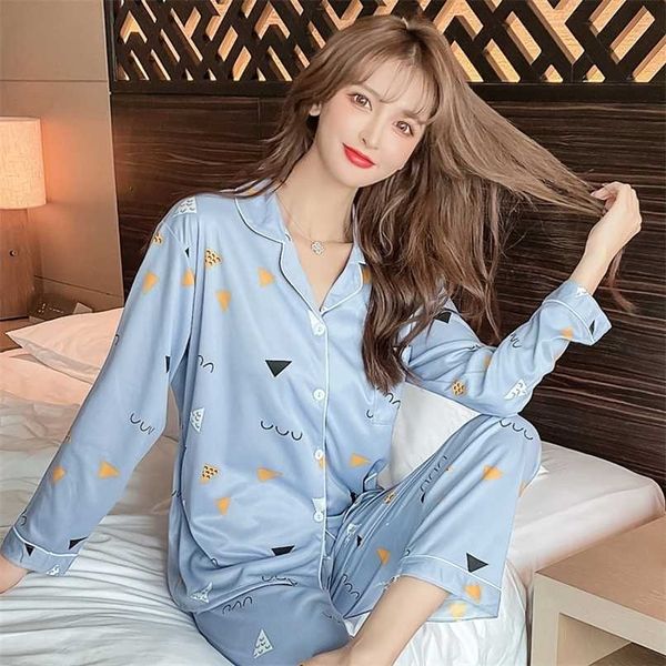 Primavera verão algodão 2 peças pijamas set mulheres impresso colorido sleepwear manga longa pijama feminino dormir homewear 211112