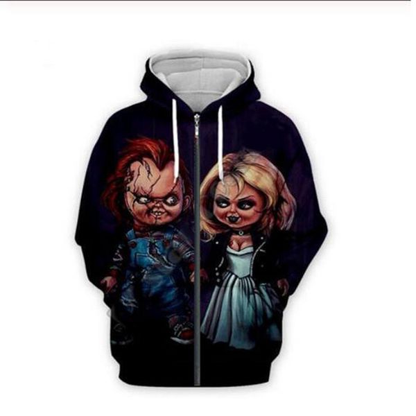 Atacado Feminino/Masculino Brincadeira infantil Noiva de Chucky Boneca com estampa 3D Moletons com capuz Halloween Engraçado Padrão Backwoods Moletons com zíper A013