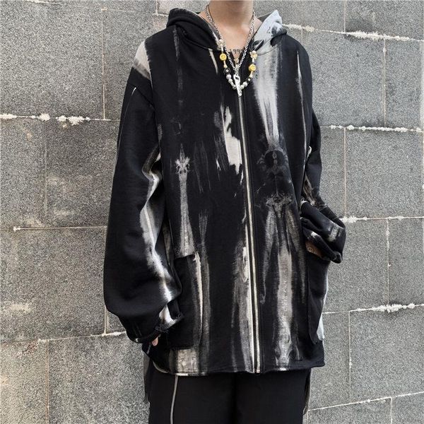 

men's hoodies & sweatshirts autumn tie-dye fashion casual cardigan sweatshirt men streetwear wild loose hip-hop zipper hoodie mens hood, Black