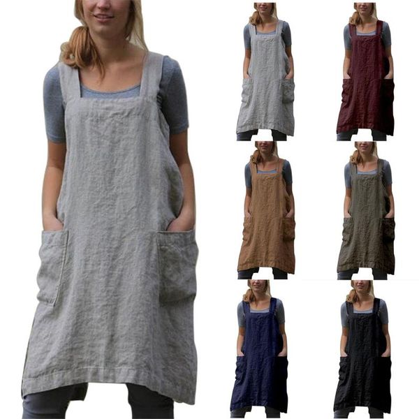 

aprons style cotton linen aprons, solid color cross bandage x shape back kitchen cooking clothes