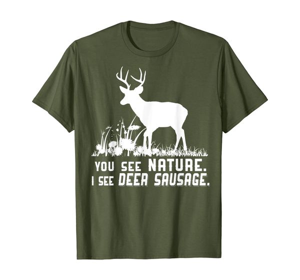 

hunting white deer season you see nature, i see sausage fun t-shirt, White;black