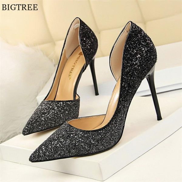 

dress shoes 2021 show thin side cut-outs women pump fashion sequined cloth shallow women's high heels pointed toe, Black