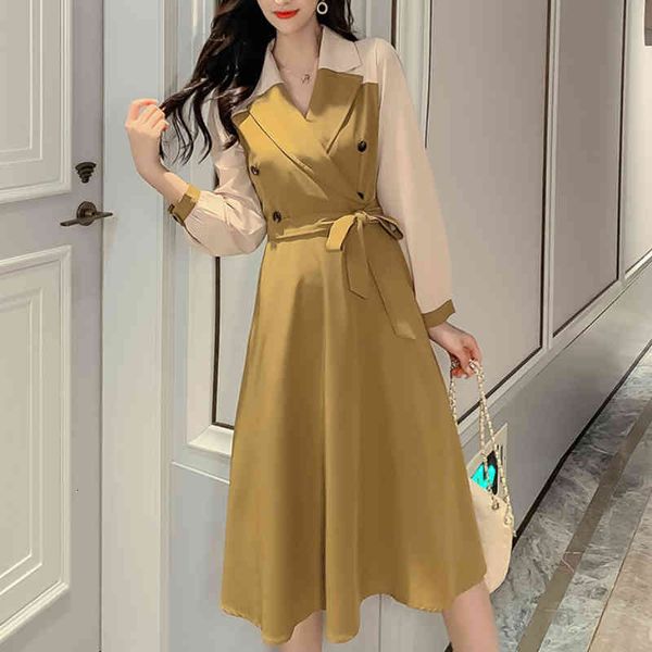 

casual dresses spring temperament contrast color patchwork double-breasted midi with sashes autumn long sleeved slim a-line r6xh, Black;gray