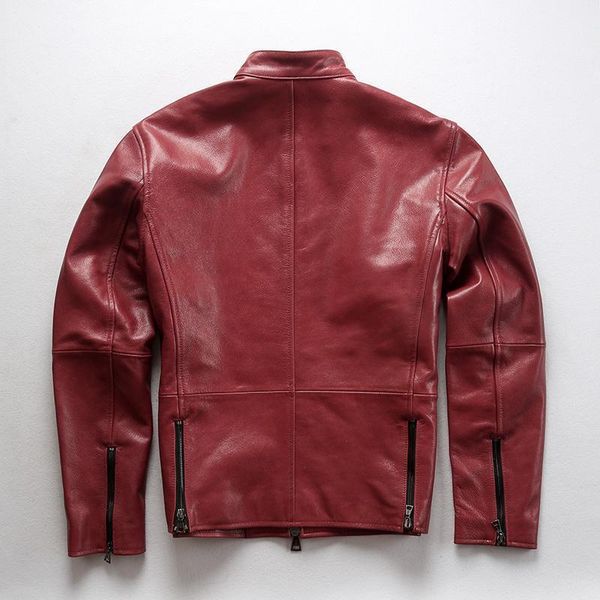 

genuine 2021 fashion leather jacket men stand collar sheepskin motorcycle biker red slim fit casual coat men's & faux, Black